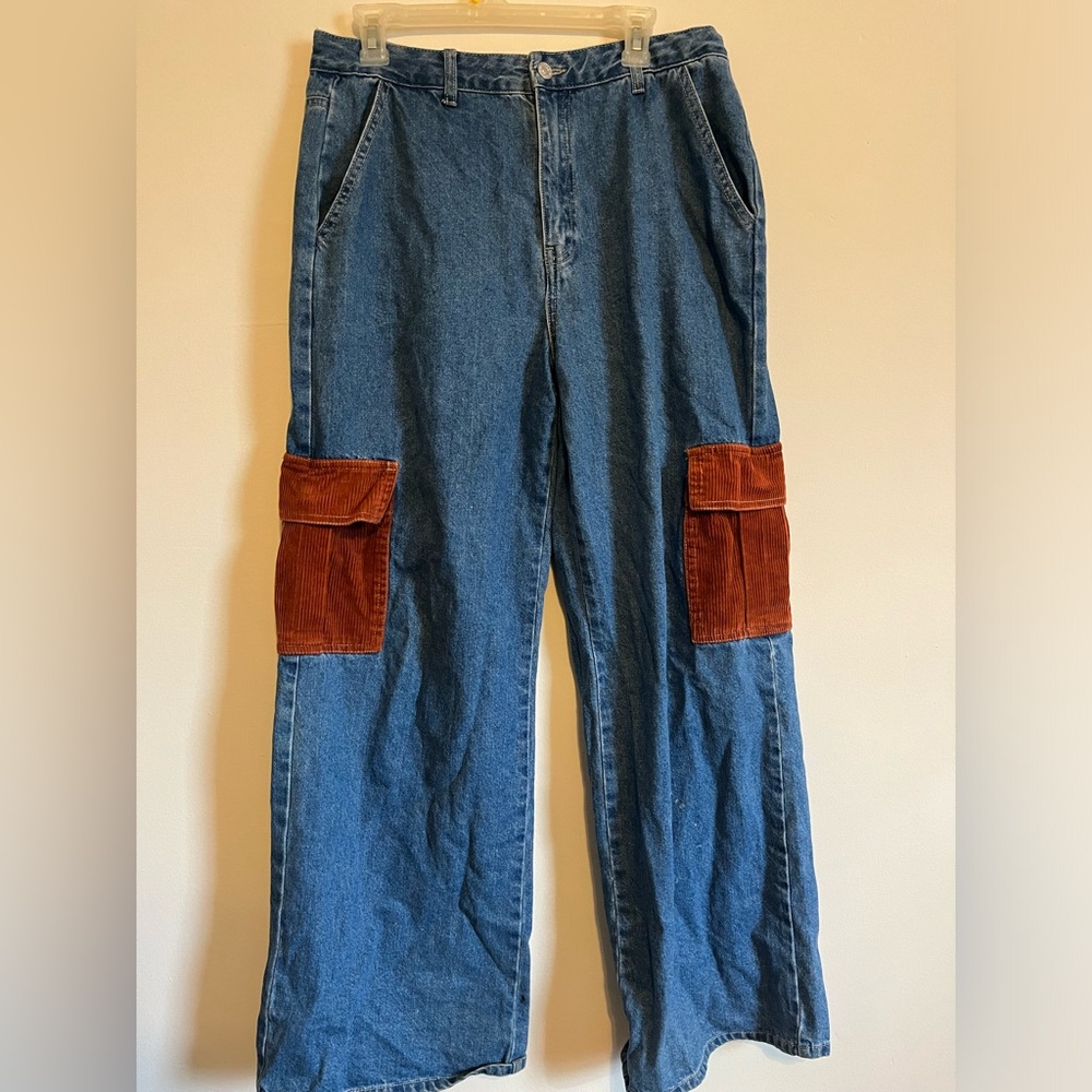 Forever 21 Wide Leg Baggy Jeans With Brown Corduroy Pockets